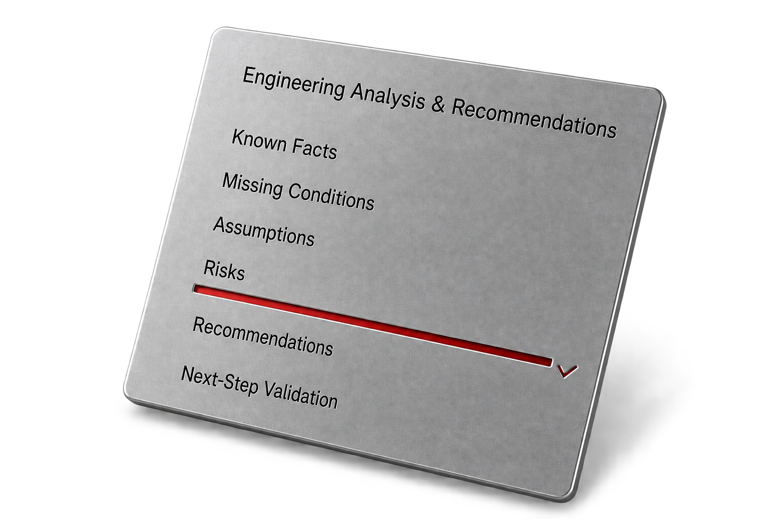 Precision aluminum decision plate engraved with categories for engineering analysis and recommendations